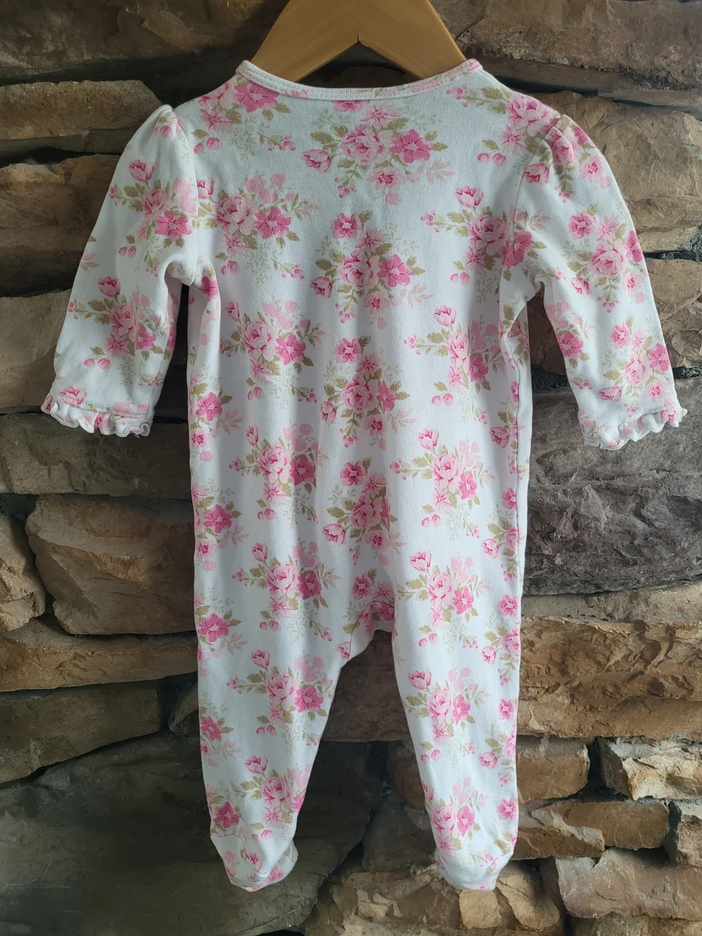 Little Me White Footed One-Piece with Pink Floral Print And Ruffles 9m